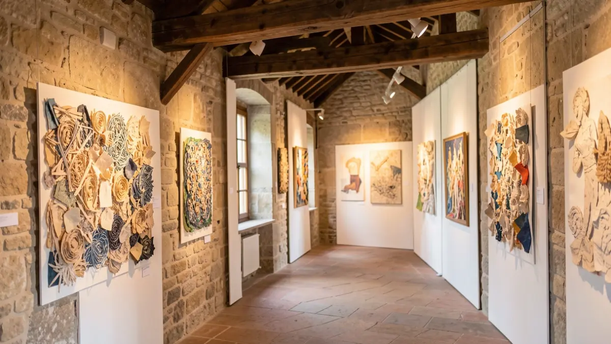 Exposició d'art sobre paper en un edifici històric.