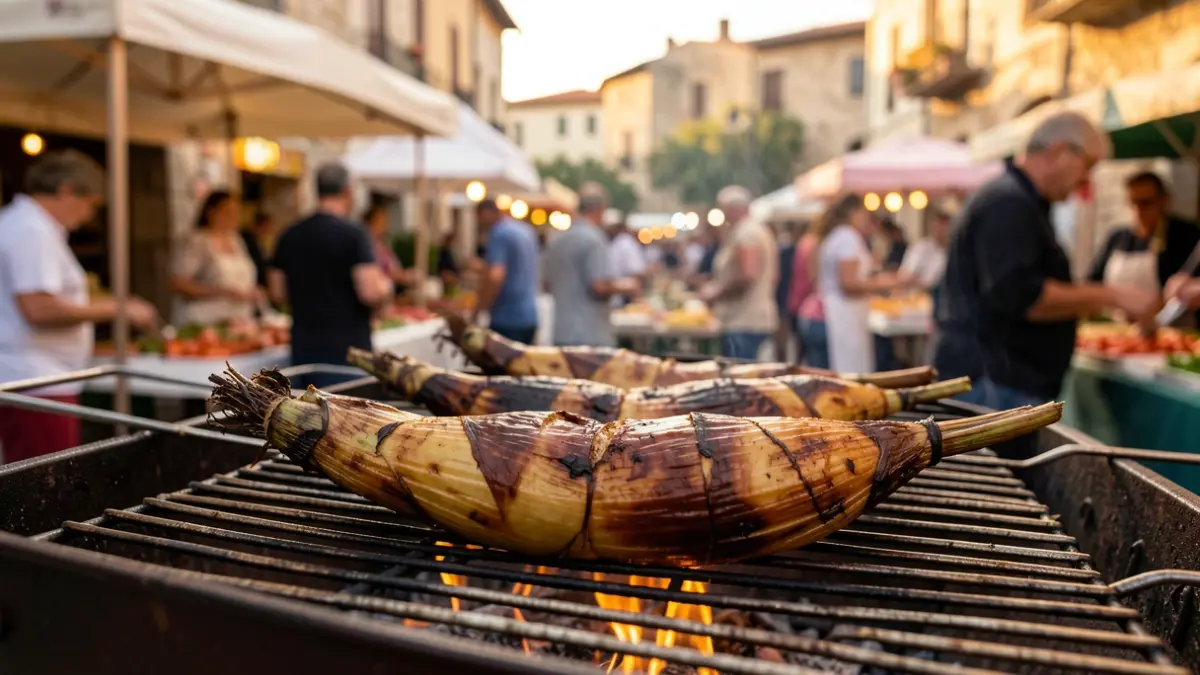 Imatge genèrica d'un calçot a la brasa durant una fira gastronòmica.