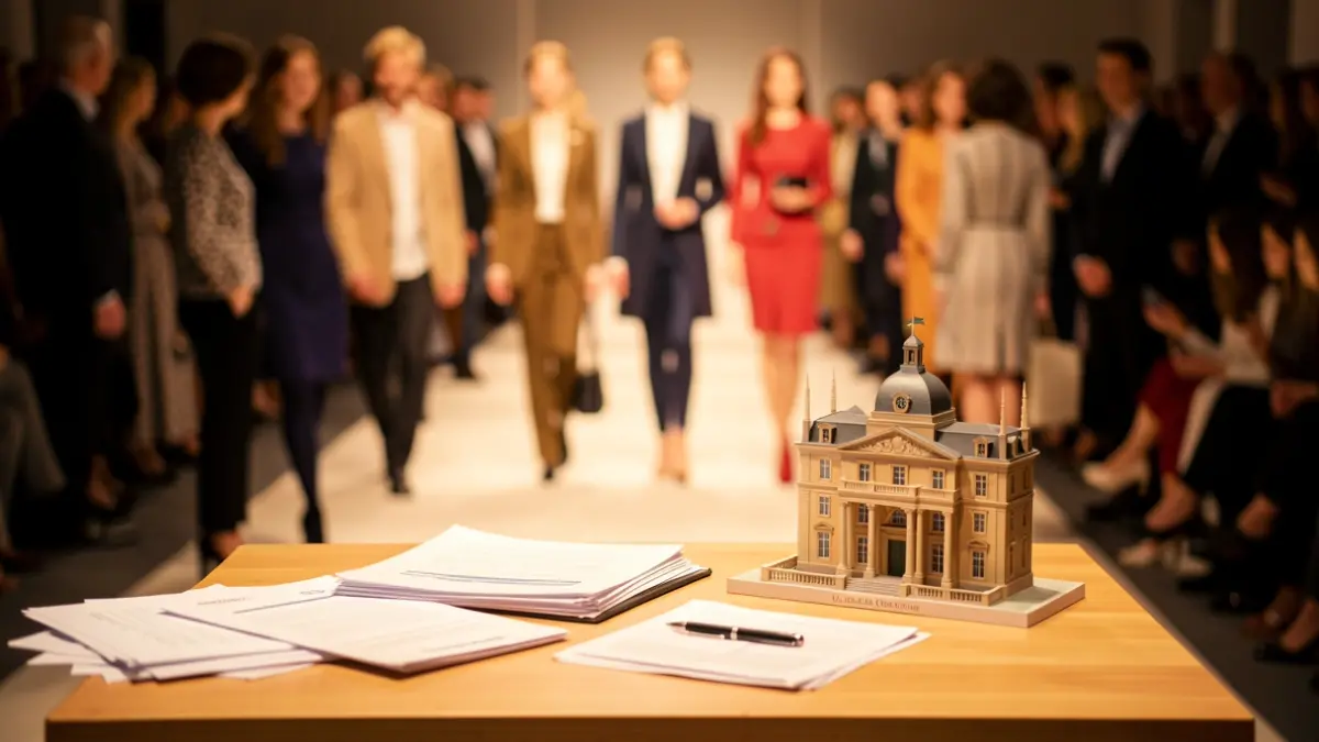 Imatge genèrica d'una passarel·la de moda amb elements que representen el comerç i una institució local.