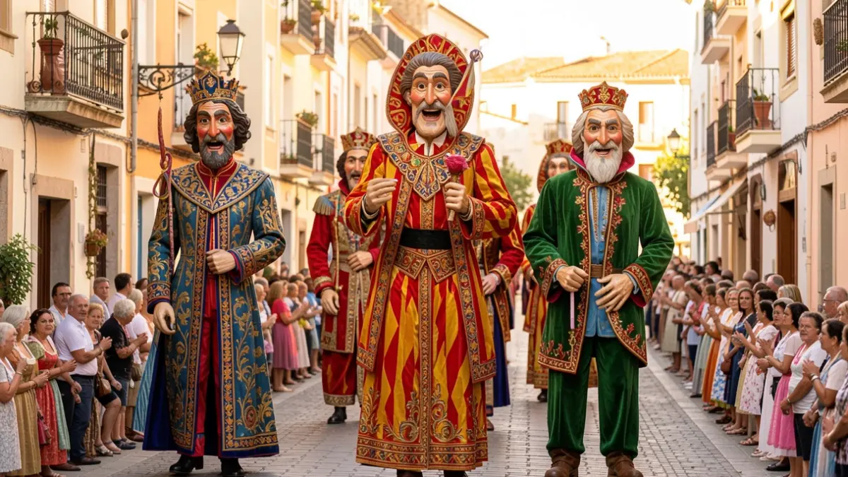 Imatge genèrica de figures gegants tradicionals catalanes en processó festiva sota el sol mediterrani.
