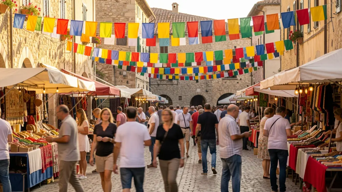 Imagen genérica de una plaza de pueblo con ambiente festivo y comercios participantes.