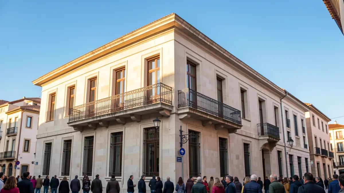 Imagen genérica de la fachada de un ayuntamiento de piedra catalán con balcón y cielo azul.