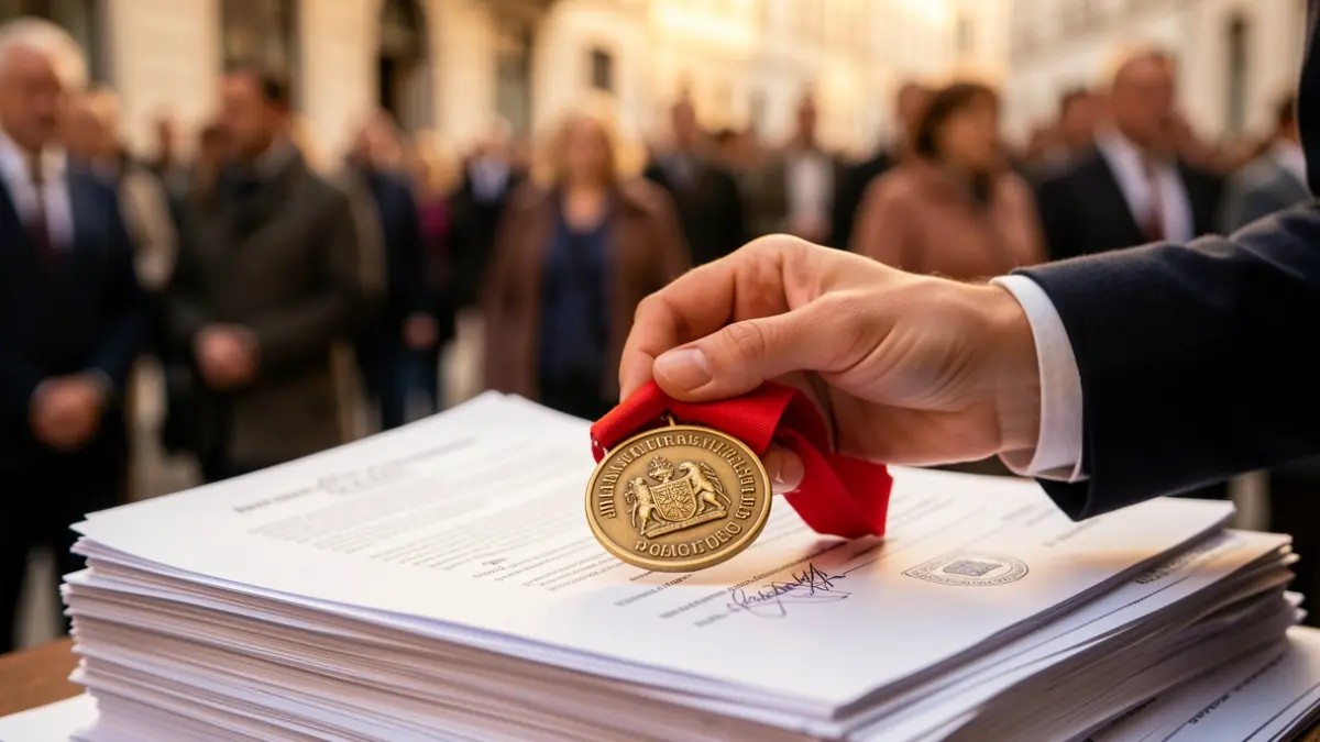 Generic image of a hand holding a medal over official documents.
