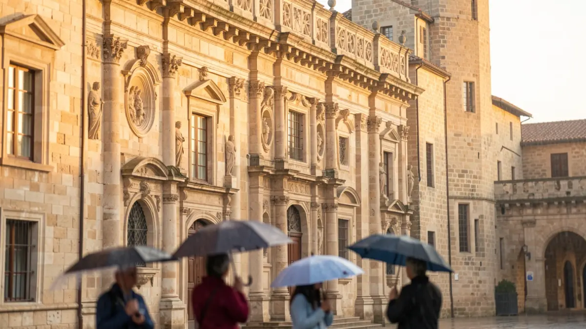 Fachada de un edificio histórico con detalles arquitectónicos, luz cálida y figuras con paraguas por la lluvia.