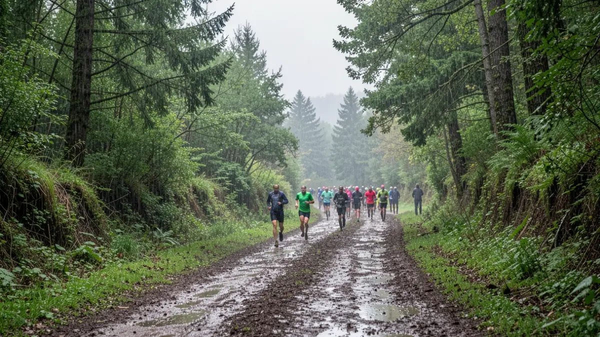 Imatge genèrica d'un corriol fangós en un bosc català amb corredors al fons.