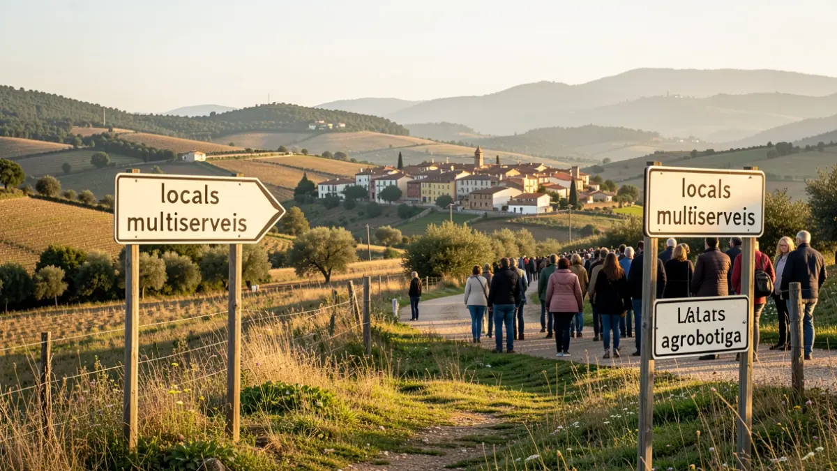 Generic image of a Catalan rural landscape with a village in the distance and signs indicating multi-service shops and farm shops.
