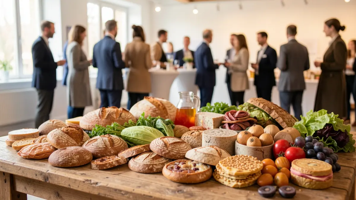 Generic image of various local agro-food products arranged on a rustic wooden table, with warm lighting highlighting their textures. In the background, people networking in an event space.