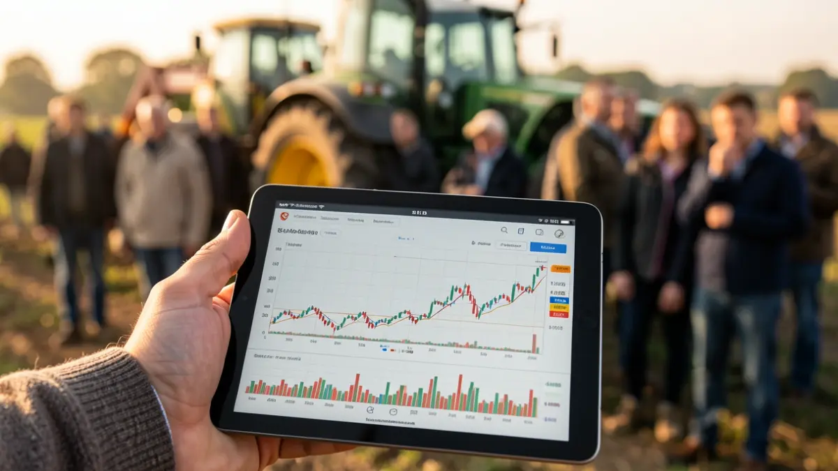 Imatge genèrica d'una mà sostenint una tauleta amb gràfics financers i maquinària agrícola al fons.