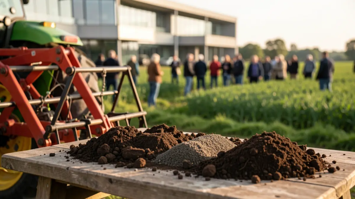 Imagen genérica de maquinaria agrícola y muestras de suelo sobre una mesa, con campos verdes difuminados al fondo.
