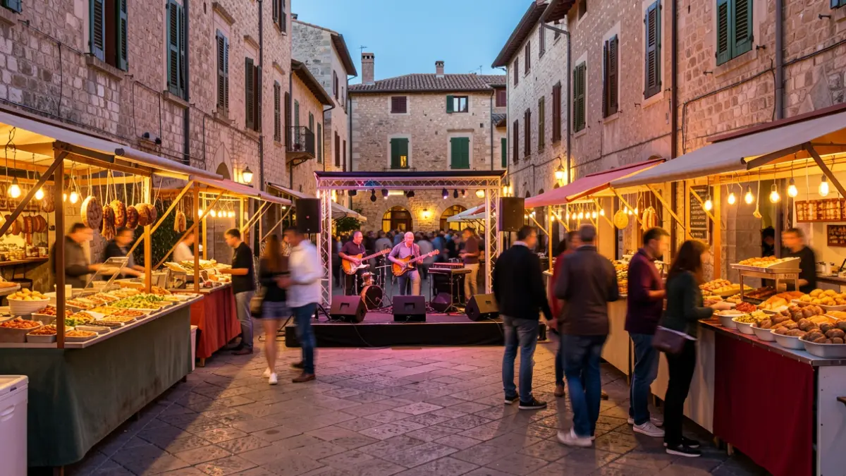 Generic image of a Mediterranean town square illuminated at dusk, with food stalls and a stage for live music.