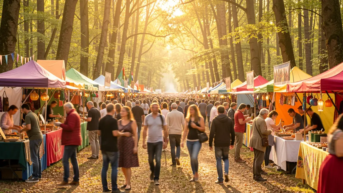Generic image of an outdoor popular festival in a Catalan forest setting, with people enjoying activities and stalls.