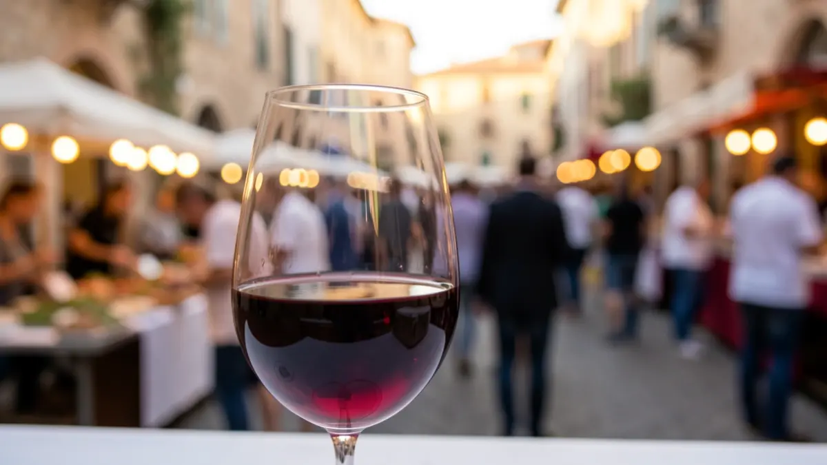 Generic image of a wine glass with a food and wine festival in the background.