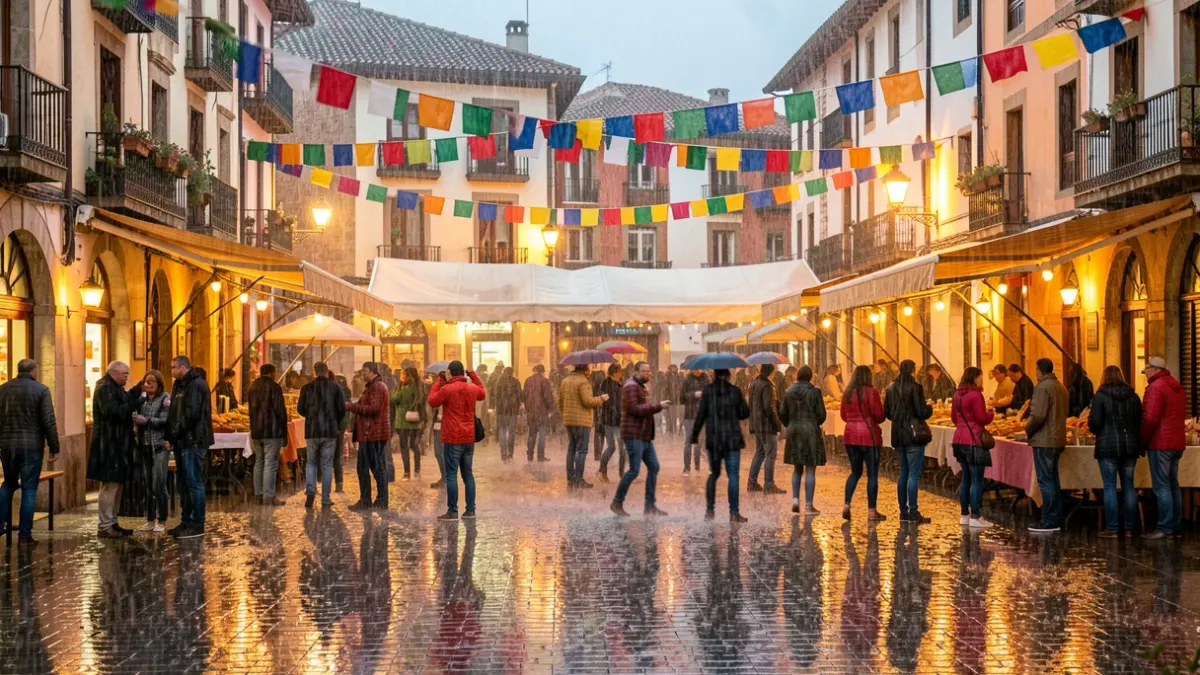 Ambient festiu a la plaça de la Colònia i Cavallera sota la pluja, amb gent celebrant malgrat el mal temps.