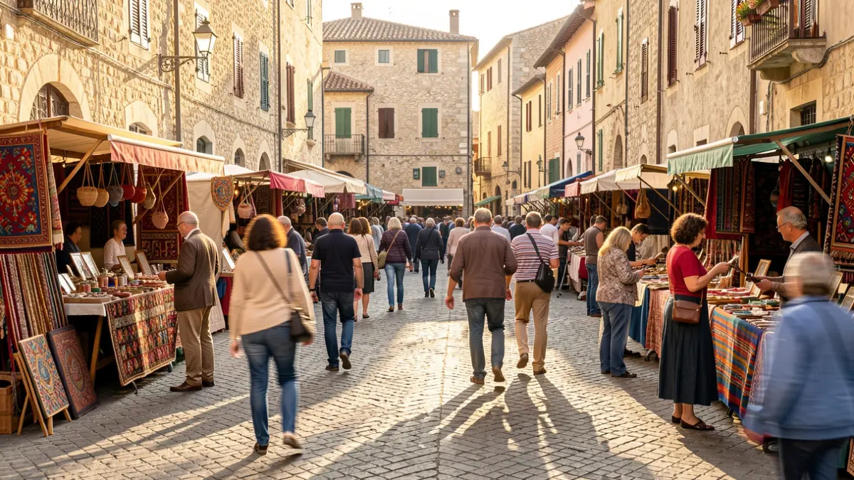 Generic image of a craft fair with stalls and people enjoying music in a historic street.