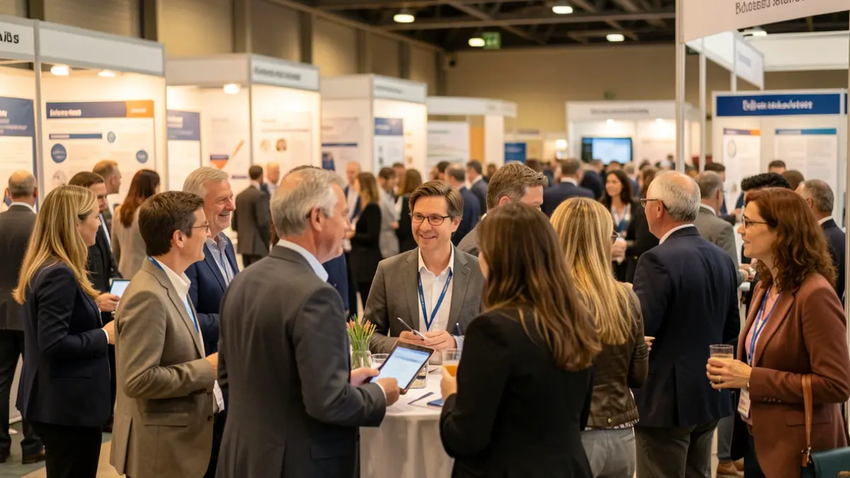 Imagen genérica de personas participando en una feria de empleo, hablando e interactuando con stands.