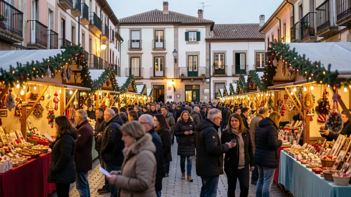 Atmosphere of a Christmas fair in Canyelles with stalls and people.