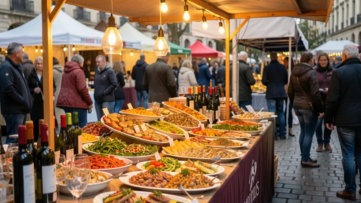 Parada de menjar d'una fira amb plats i vins.