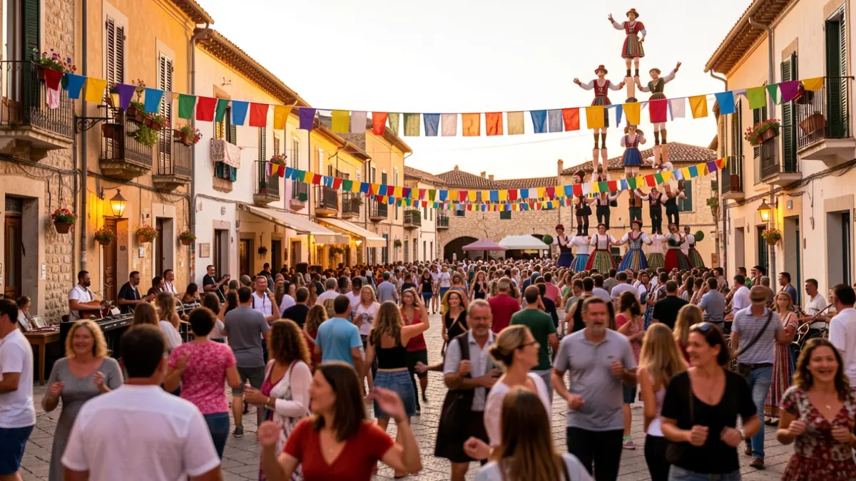 Imatge genèrica d'una plaça de poble mediterrani durant una festa popular amb elements culturals.