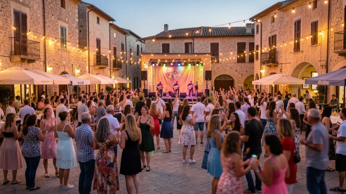 Imagen genérica de una plaza de pueblo mediterráneo durante un festival nocturno, con público borroso y luces cálidas.