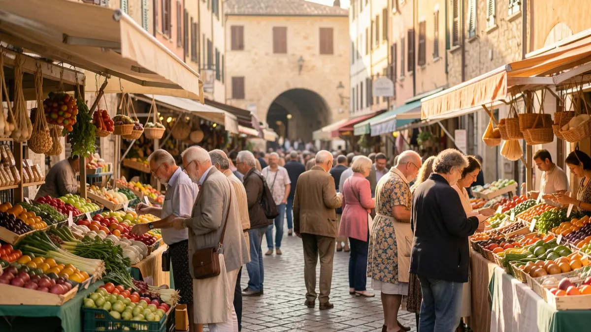 Generic image of an outdoor gastronomic market in a Mediterranean city square, with stalls of fresh produce and artisanal products.