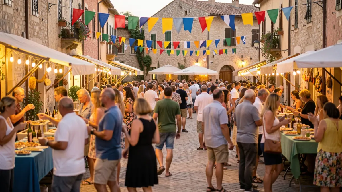 Generic image of an outdoor popular festival with people enjoying food and drinks.