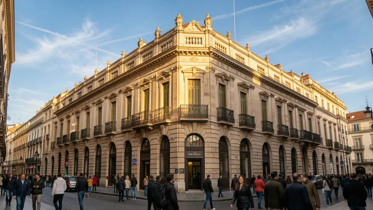 Generic image of the facade of a historic building with balconies and iron railings, illuminated by warm afternoon light.