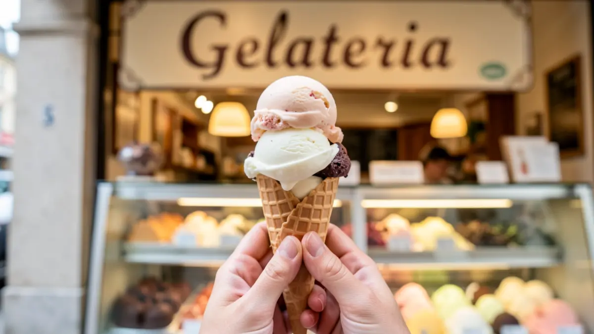 Imagen genérica de una mano sujetando un helado delante de una heladería.