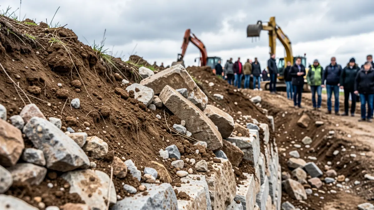 Imatge genèrica d'un talús afectat per un despreniment amb material de construcció al fons.