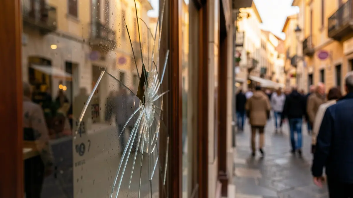 Generic image of a broken shop window with water stains.