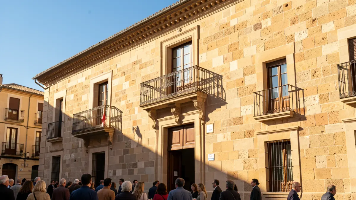 Facade of the La Granada Town Hall with balcony and iron railings, warm afternoon light.