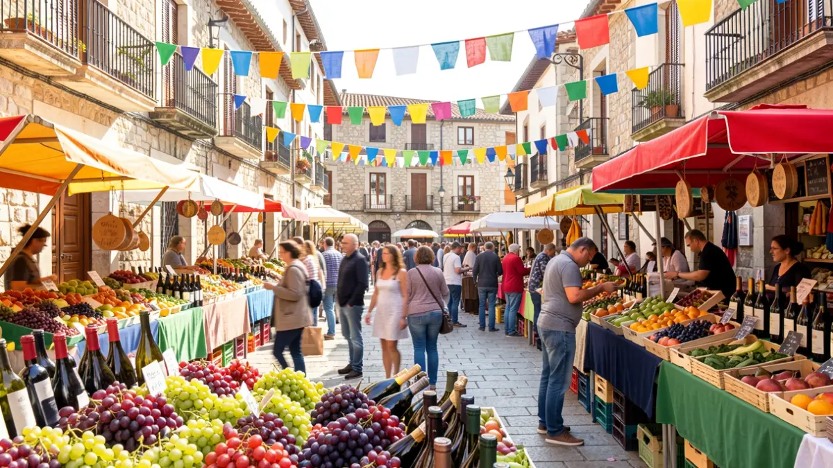 Generic image of a popular festival with local product stalls and Mediterranean architecture.