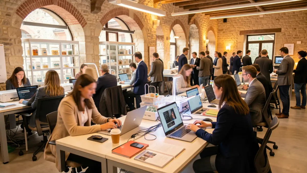 Business incubator space with entrepreneurs working and collaborating.