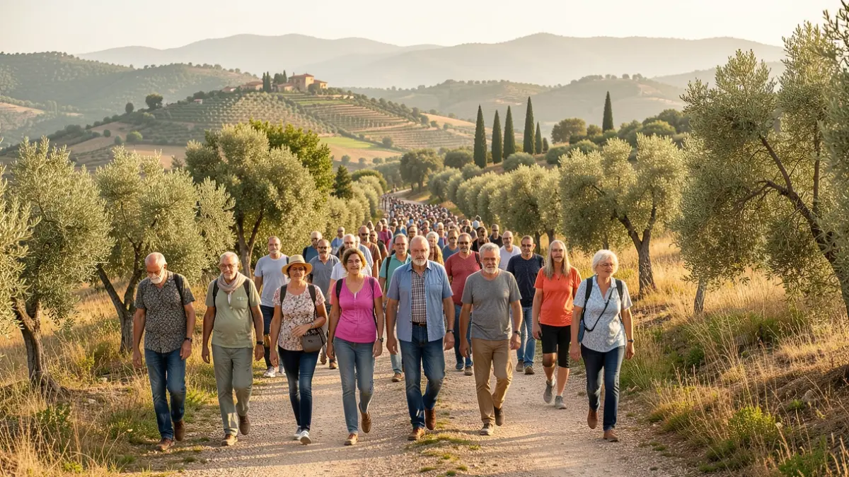 Generic image of diverse people walking through a natural environment in Catalonia.