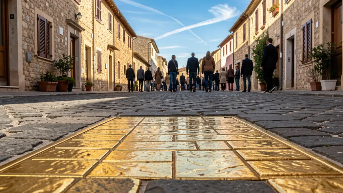 Generic image of a golden paving stone on a cobblestone street.