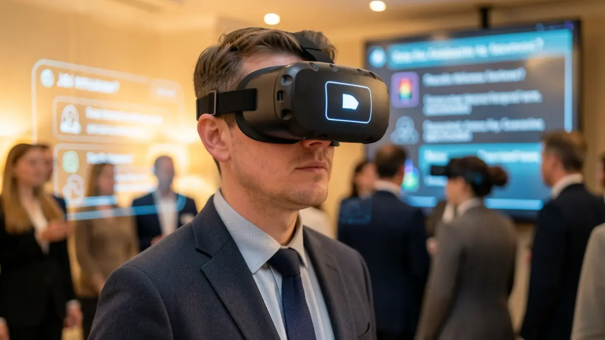 Person using virtual reality for a job interview simulation.