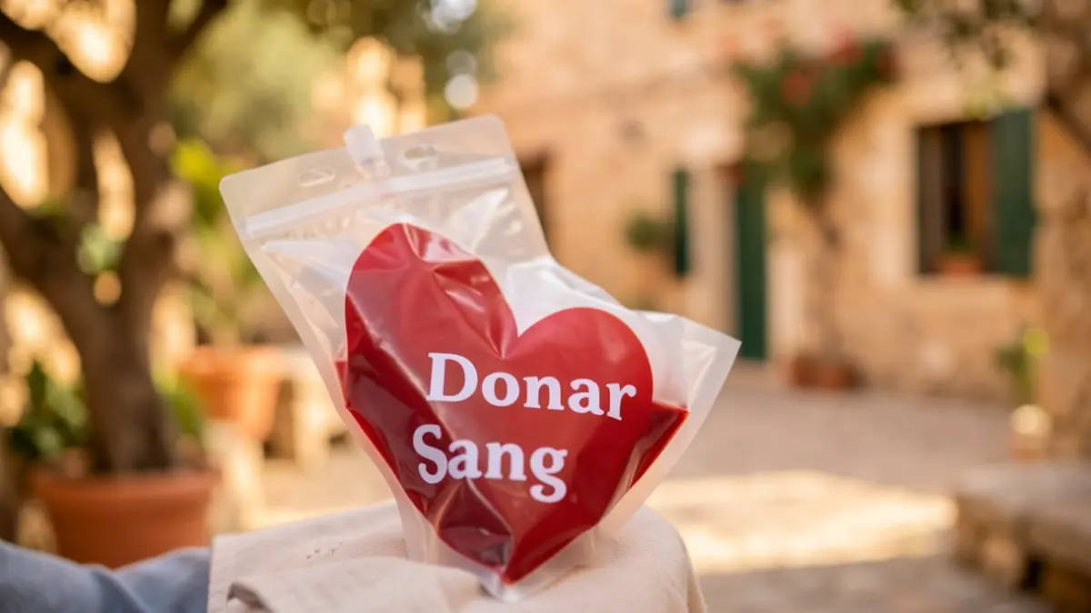 Una bolsa de donación de sangre con un corazón rojo y el texto 'Donar Sang' difuminado al fondo.
