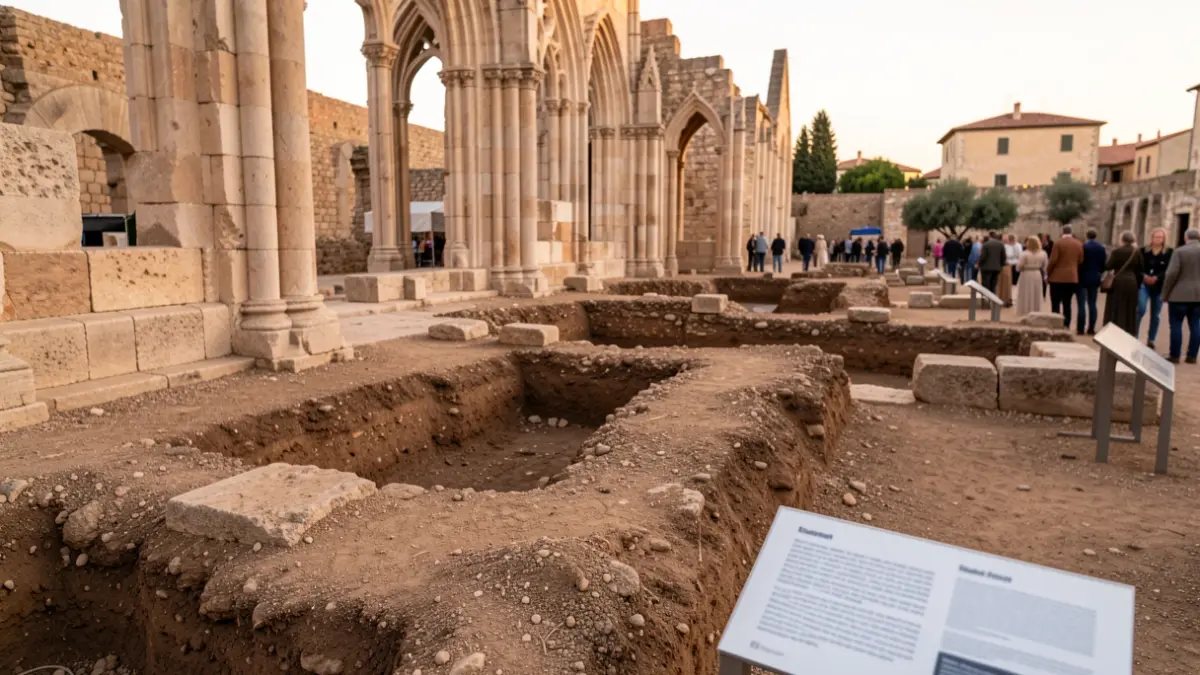 Generic image of archaeological remains with gothic elements and informational signage.