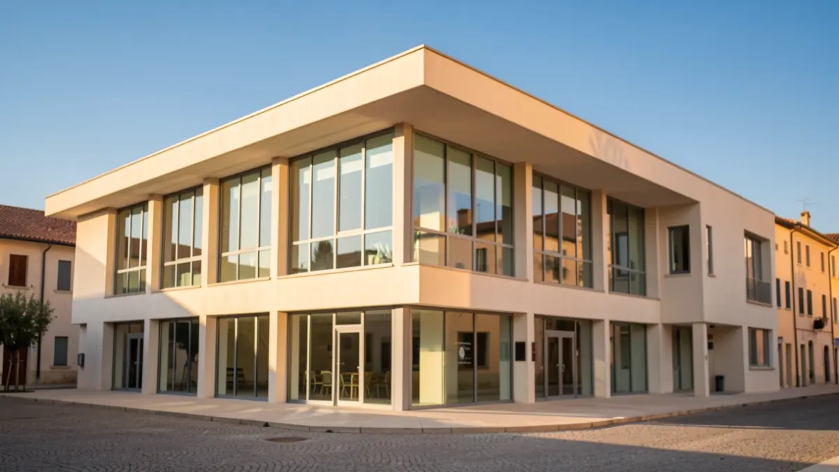 Generic image of a modern civic center with a blue sky and afternoon light.