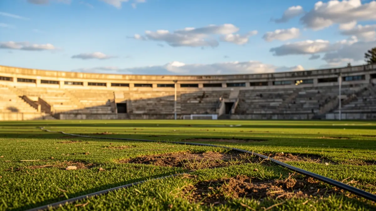 Campo de fútbol en renovación con césped nuevo y tuberías de riego.