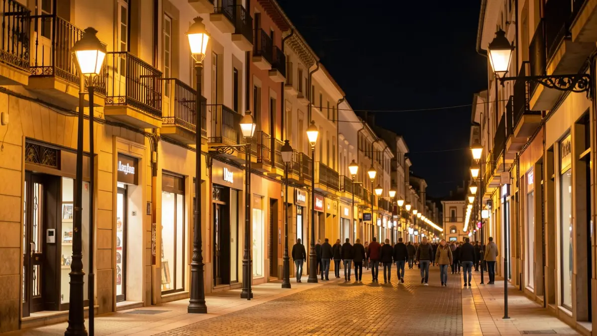 Nighttime LED lighting on a commercial street in Lleida.