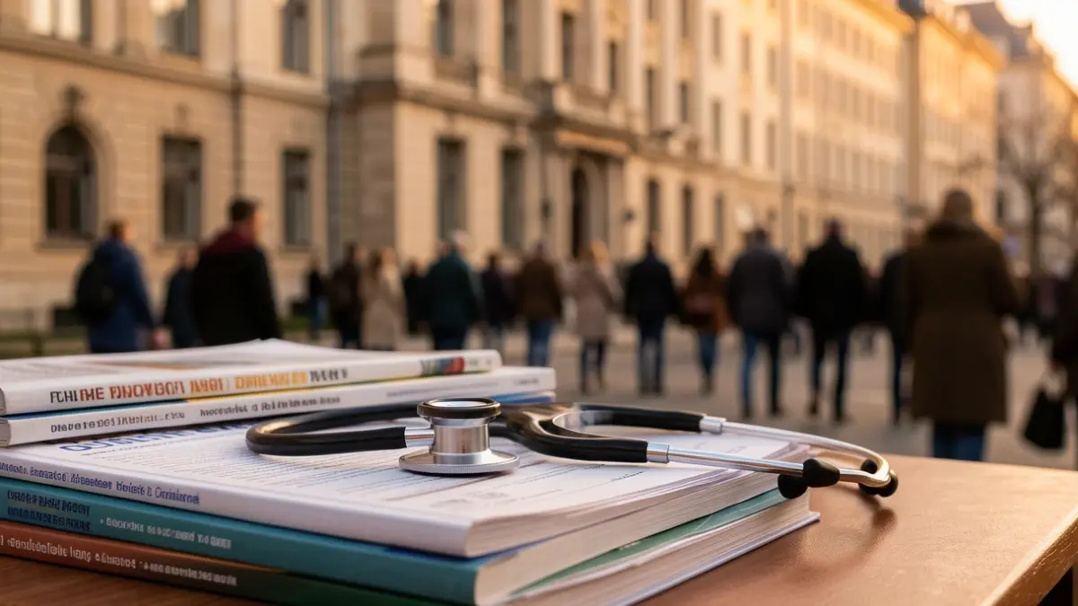Imatge genèrica d'un estetoscopi sobre llibres mèdics, amb un edifici hospitalari desenfocat al fons.