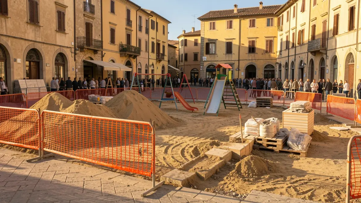 Obres de remodelació a la plaça del Roure de Castellví de Rosanes amb barreres de seguretat i materials de construcció.