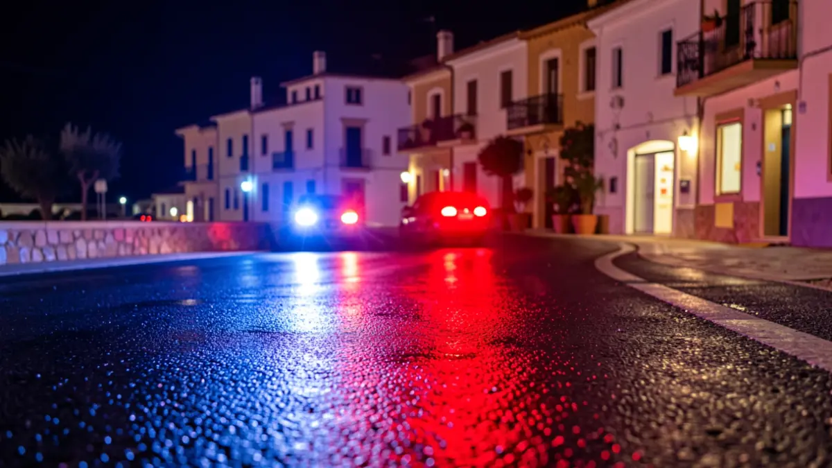Generic image of police emergency lights reflecting on wet asphalt in Cambrils.