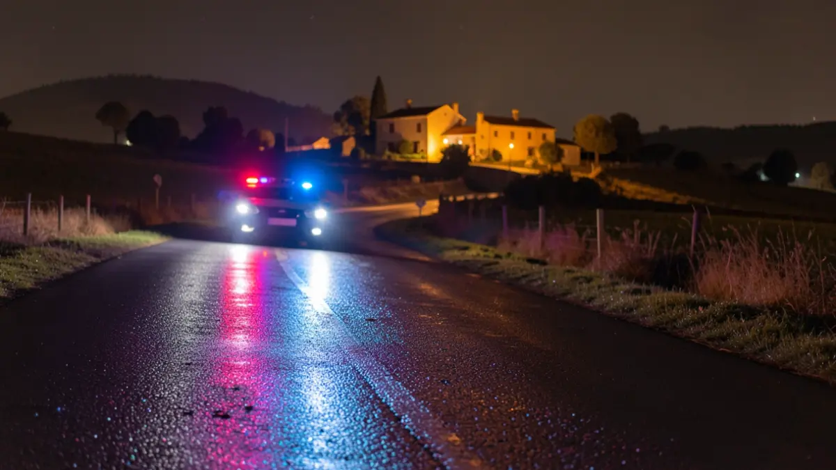 Imatge genèrica de llums policials reflectint-se en asfalt mullat a la nit.