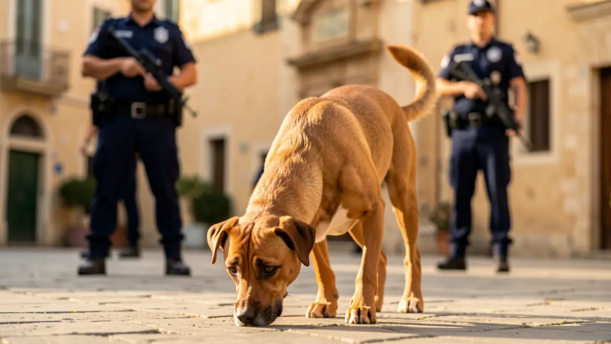 Perro de la policía local detectando sustancias en un entorno urbano.