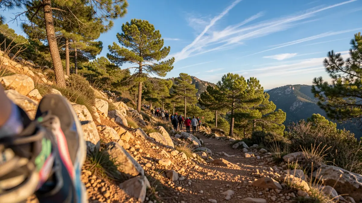 Imatge genèrica d'un sender de muntanya a Catalunya amb arbres i terreny rocós, amb llum càlida de tarda i elements que suggereixen moviment.