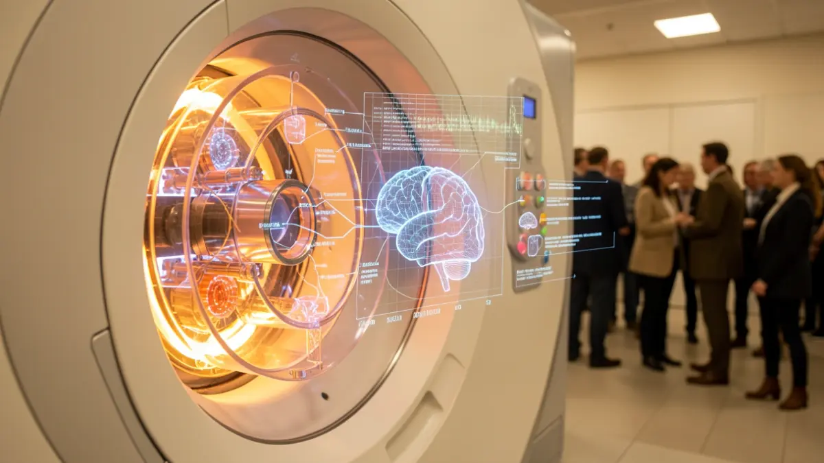 Imagen genérica de un equipo médico de imagen con representaciones abstractas de datos e inteligencia artificial.