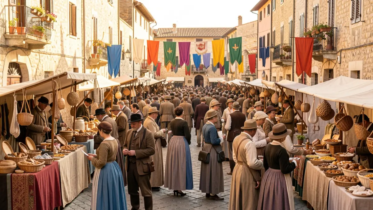 Scene of a historical reenactment festival in Sant Carles de la Ràpita with participants in period costume and stalls.