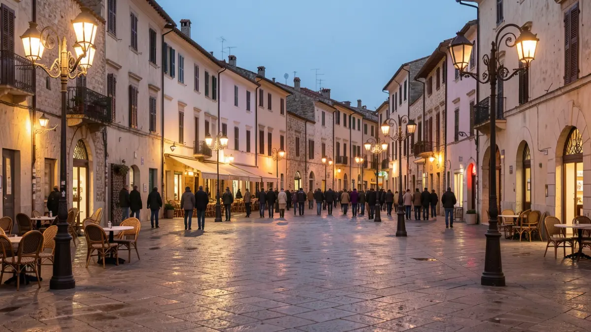 Imagen genérica de una plaza de pueblo mediterráneo al atardecer, con alumbrado público y mobiliario urbano.