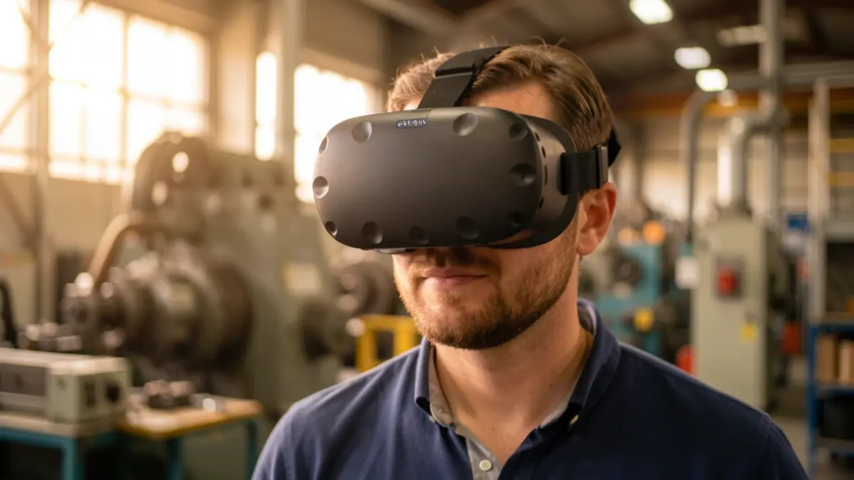 Generic image of a person using virtual reality goggles in an industrial setting.